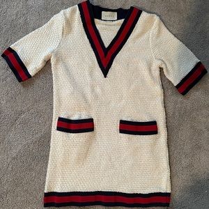 tan red and navy blue knitted gucci dress